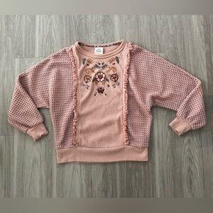 Knox Rose Embroidered Floral Fringe Sweater Pink Boho Cottagecore Pullover